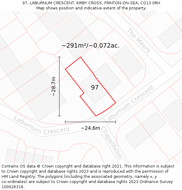 97, LABURNUM CRESCENT, KIRBY CROSS, FRINTON-ON-SEA, CO13 0RH: Plot and title map