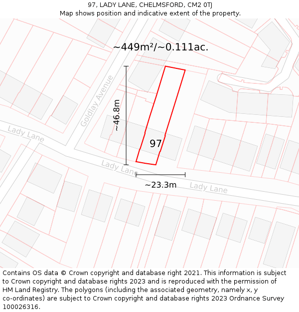 97, LADY LANE, CHELMSFORD, CM2 0TJ: Plot and title map