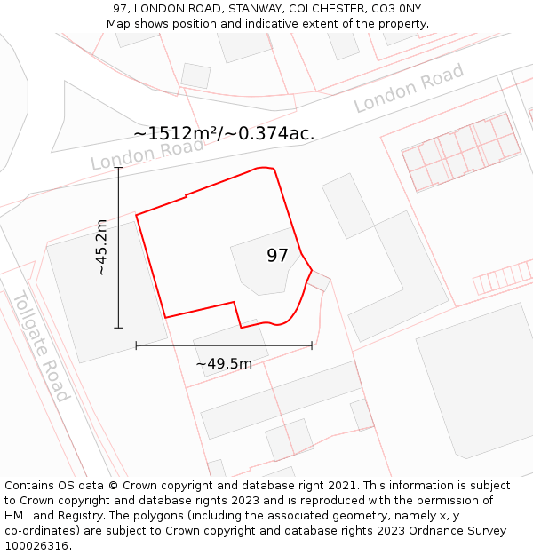 97, LONDON ROAD, STANWAY, COLCHESTER, CO3 0NY: Plot and title map