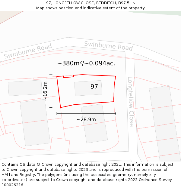 97, LONGFELLOW CLOSE, REDDITCH, B97 5HN: Plot and title map