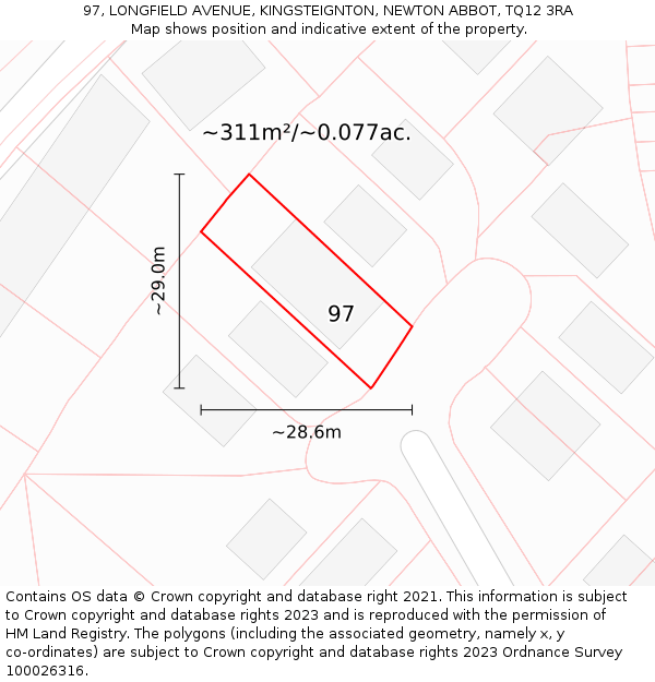 97, LONGFIELD AVENUE, KINGSTEIGNTON, NEWTON ABBOT, TQ12 3RA: Plot and title map