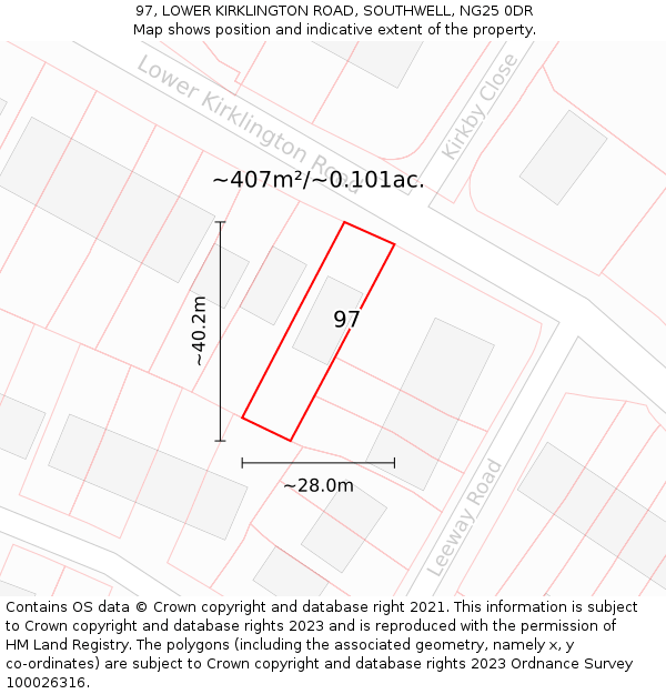 97, LOWER KIRKLINGTON ROAD, SOUTHWELL, NG25 0DR: Plot and title map
