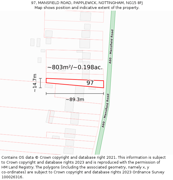 97, MANSFIELD ROAD, PAPPLEWICK, NOTTINGHAM, NG15 8FJ: Plot and title map