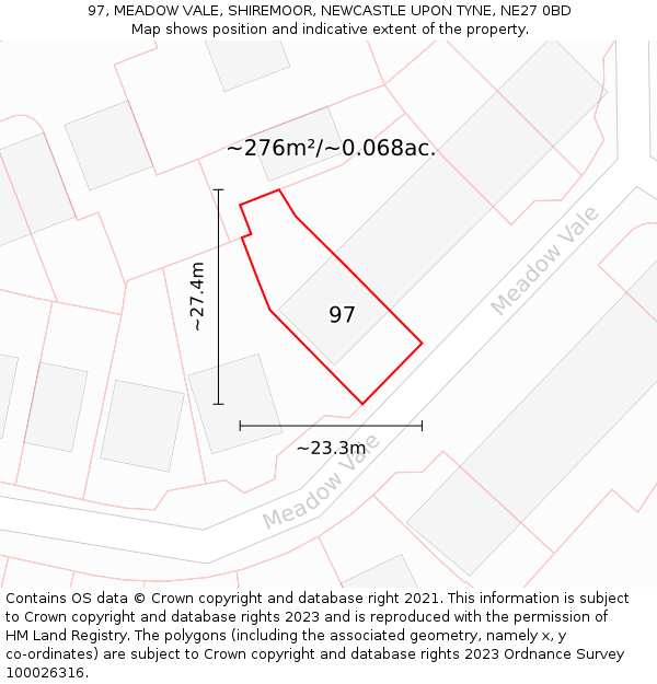 97, MEADOW VALE, SHIREMOOR, NEWCASTLE UPON TYNE, NE27 0BD: Plot and title map