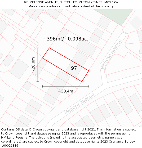 97, MELROSE AVENUE, BLETCHLEY, MILTON KEYNES, MK3 6PW: Plot and title map