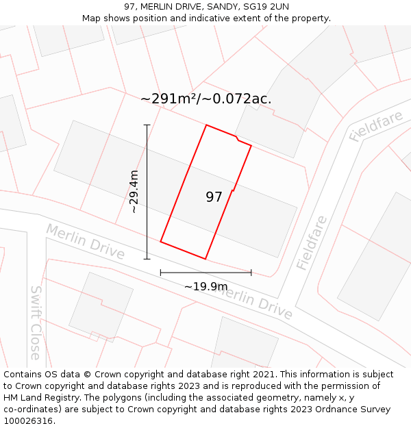 97, MERLIN DRIVE, SANDY, SG19 2UN: Plot and title map