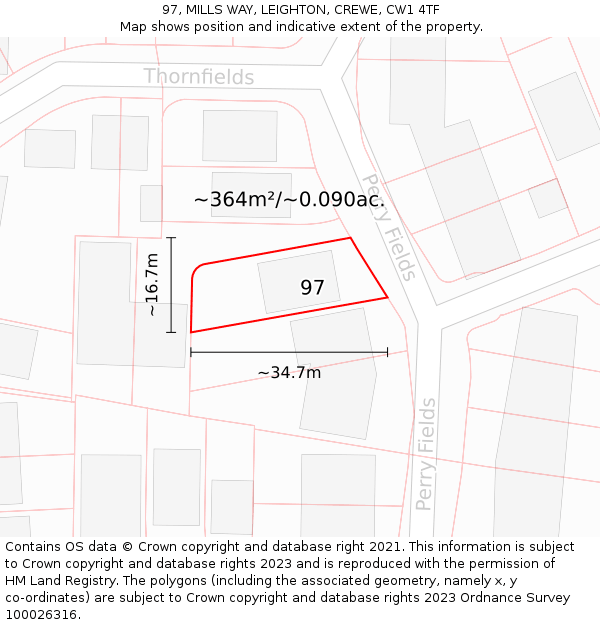 97, MILLS WAY, LEIGHTON, CREWE, CW1 4TF: Plot and title map