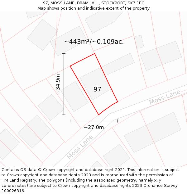 97, MOSS LANE, BRAMHALL, STOCKPORT, SK7 1EG: Plot and title map