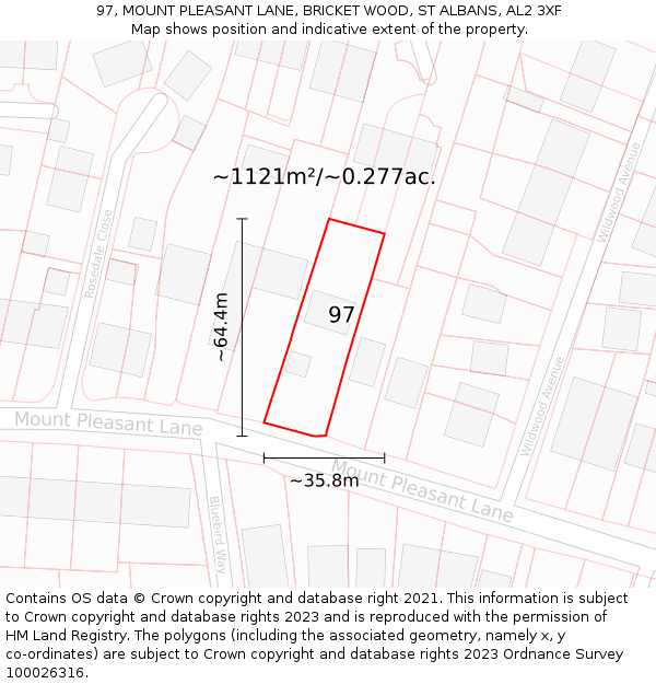 97, MOUNT PLEASANT LANE, BRICKET WOOD, ST ALBANS, AL2 3XF: Plot and title map