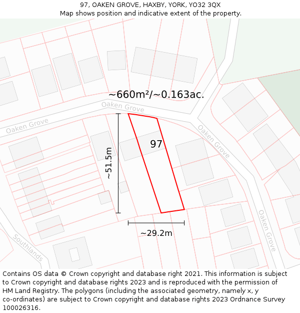 97, OAKEN GROVE, HAXBY, YORK, YO32 3QX: Plot and title map