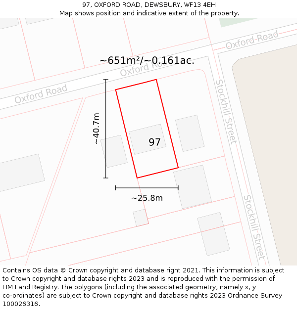 97, OXFORD ROAD, DEWSBURY, WF13 4EH: Plot and title map