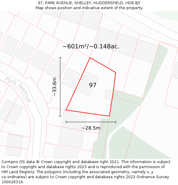 97, PARK AVENUE, SHELLEY, HUDDERSFIELD, HD8 8JY: Plot and title map