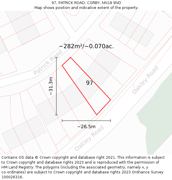 97, PATRICK ROAD, CORBY, NN18 9ND: Plot and title map