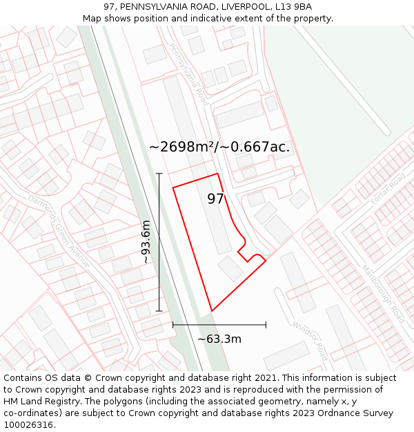 97, PENNSYLVANIA ROAD, LIVERPOOL, L13 9BA: Plot and title map