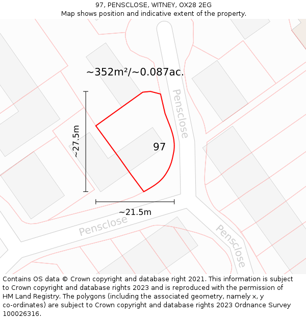 97, PENSCLOSE, WITNEY, OX28 2EG: Plot and title map