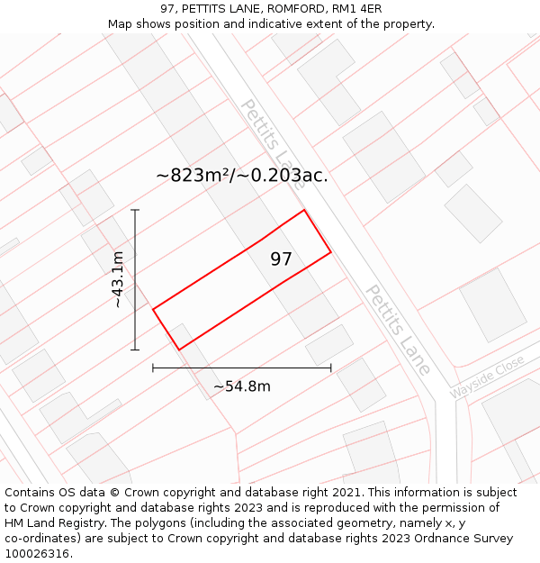 97, PETTITS LANE, ROMFORD, RM1 4ER: Plot and title map