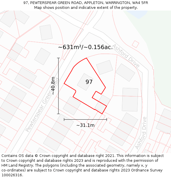 97, PEWTERSPEAR GREEN ROAD, APPLETON, WARRINGTON, WA4 5FR: Plot and title map