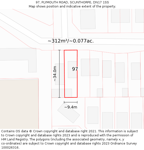 97, PLYMOUTH ROAD, SCUNTHORPE, DN17 1SS: Plot and title map