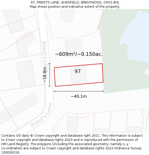 97, PRIESTS LANE, SHENFIELD, BRENTWOOD, CM15 8HJ: Plot and title map