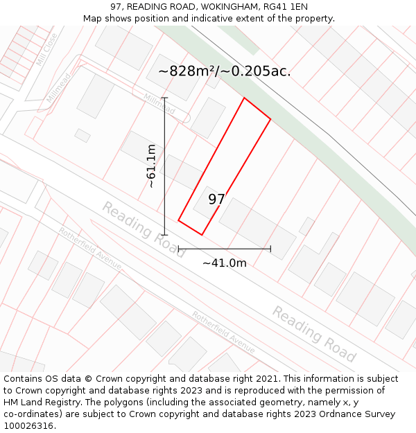 97, READING ROAD, WOKINGHAM, RG41 1EN: Plot and title map