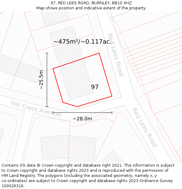 97, RED LEES ROAD, BURNLEY, BB10 4HZ: Plot and title map