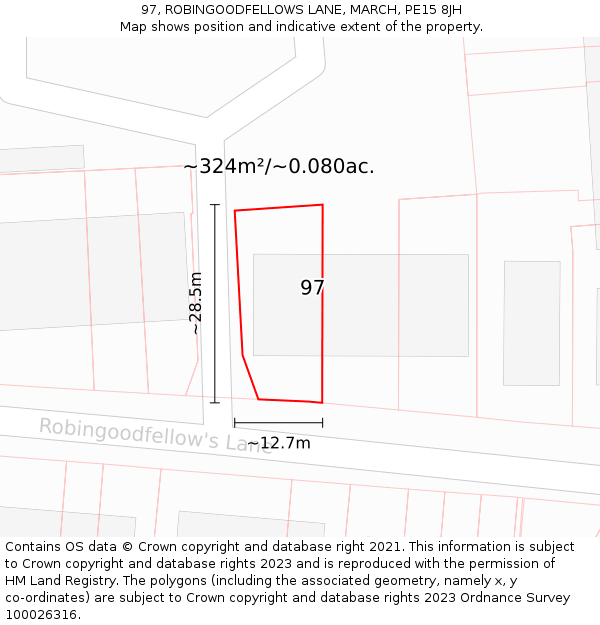 97, ROBINGOODFELLOWS LANE, MARCH, PE15 8JH: Plot and title map