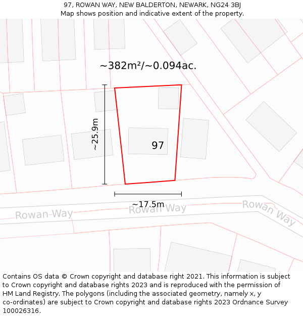 97, ROWAN WAY, NEW BALDERTON, NEWARK, NG24 3BJ: Plot and title map