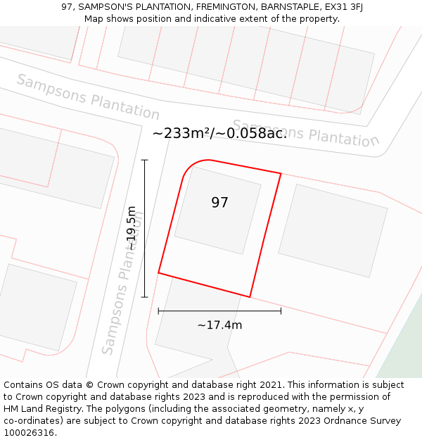 97, SAMPSON'S PLANTATION, FREMINGTON, BARNSTAPLE, EX31 3FJ: Plot and title map