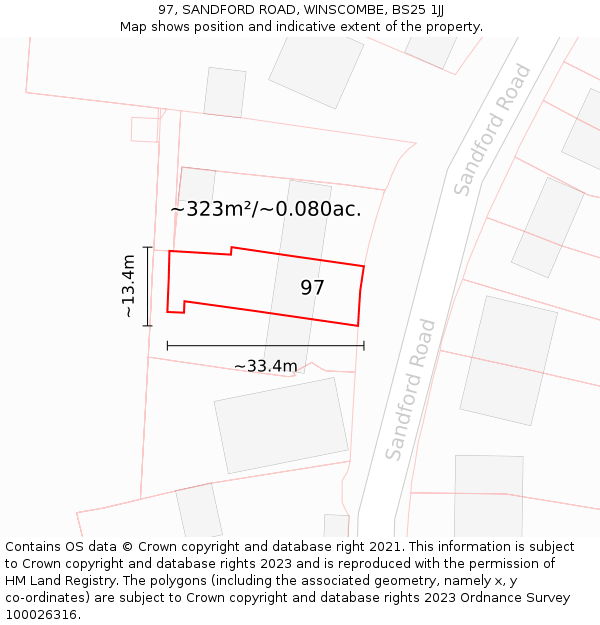 97, SANDFORD ROAD, WINSCOMBE, BS25 1JJ: Plot and title map