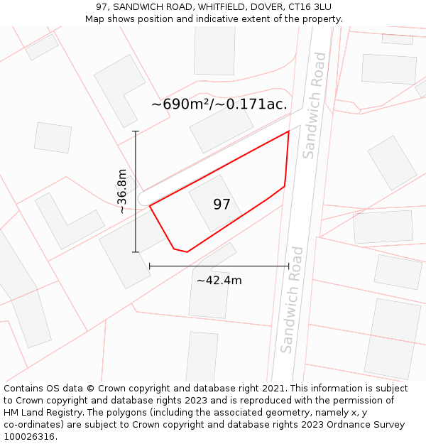 97, SANDWICH ROAD, WHITFIELD, DOVER, CT16 3LU: Plot and title map