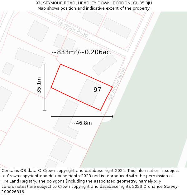 97, SEYMOUR ROAD, HEADLEY DOWN, BORDON, GU35 8JU: Plot and title map