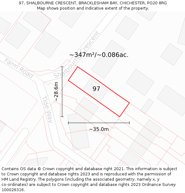 97, SHALBOURNE CRESCENT, BRACKLESHAM BAY, CHICHESTER, PO20 8RG: Plot and title map