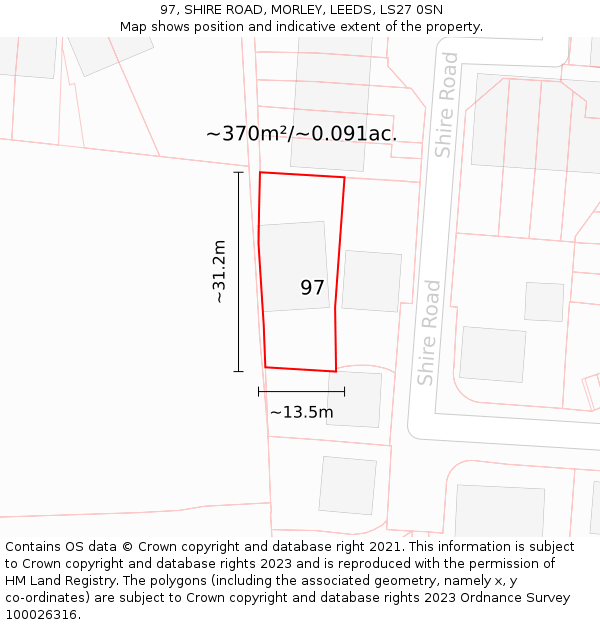 97, SHIRE ROAD, MORLEY, LEEDS, LS27 0SN: Plot and title map