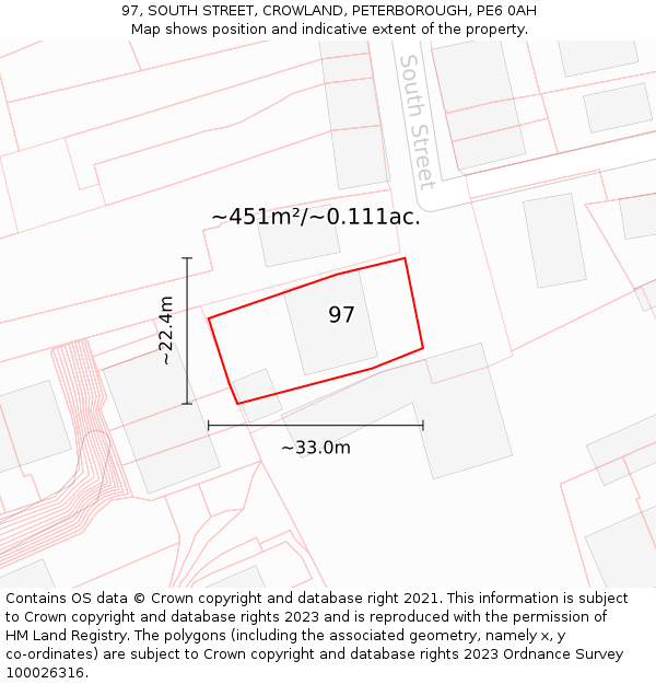 97, SOUTH STREET, CROWLAND, PETERBOROUGH, PE6 0AH: Plot and title map