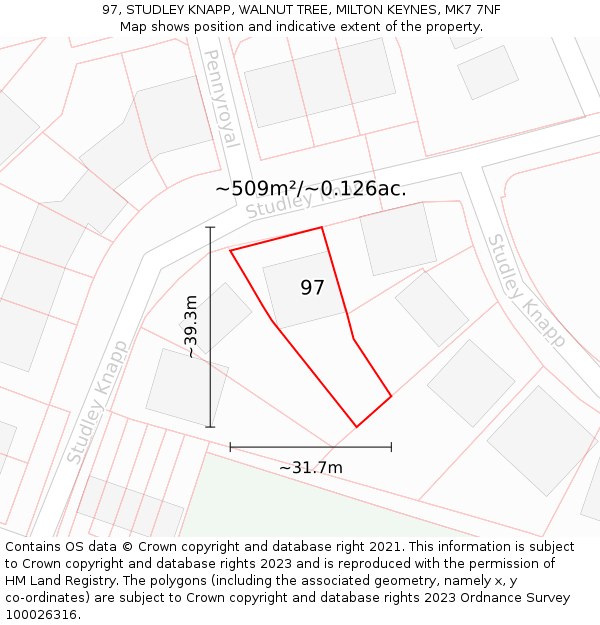 97, STUDLEY KNAPP, WALNUT TREE, MILTON KEYNES, MK7 7NF: Plot and title map