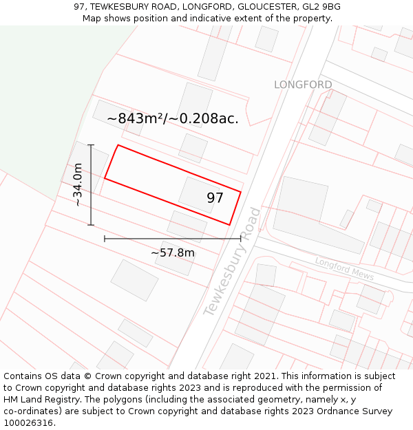 97, TEWKESBURY ROAD, LONGFORD, GLOUCESTER, GL2 9BG: Plot and title map
