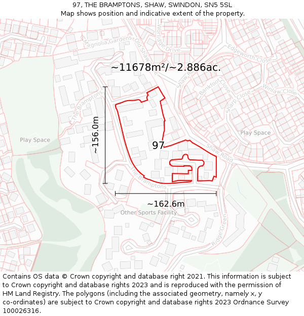 97, THE BRAMPTONS, SHAW, SWINDON, SN5 5SL: Plot and title map