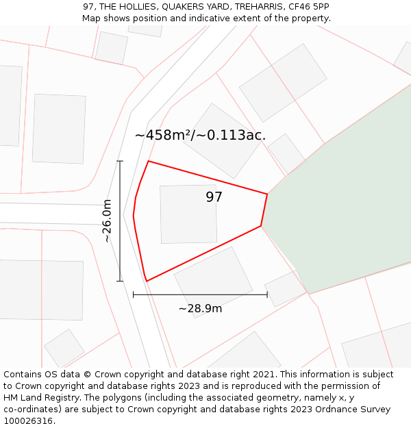 97, THE HOLLIES, QUAKERS YARD, TREHARRIS, CF46 5PP: Plot and title map