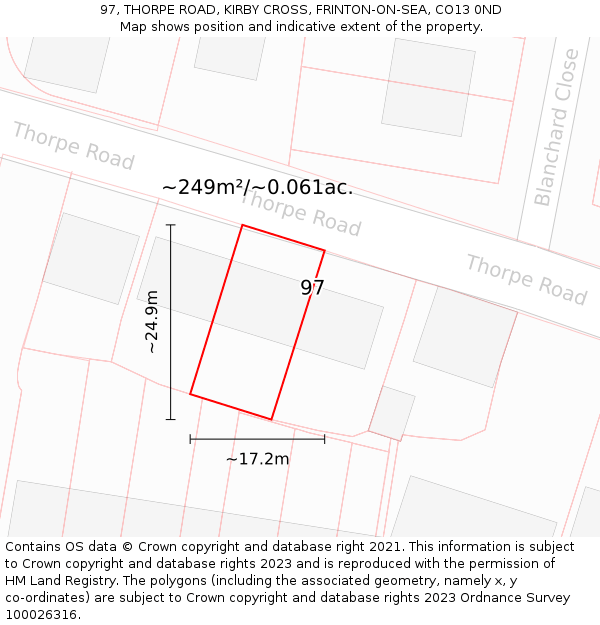 97, THORPE ROAD, KIRBY CROSS, FRINTON-ON-SEA, CO13 0ND: Plot and title map
