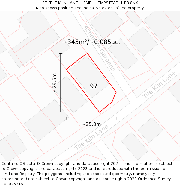 97, TILE KILN LANE, HEMEL HEMPSTEAD, HP3 8NX: Plot and title map