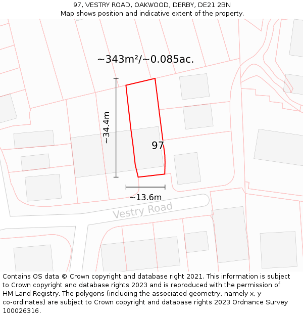 97, VESTRY ROAD, OAKWOOD, DERBY, DE21 2BN: Plot and title map