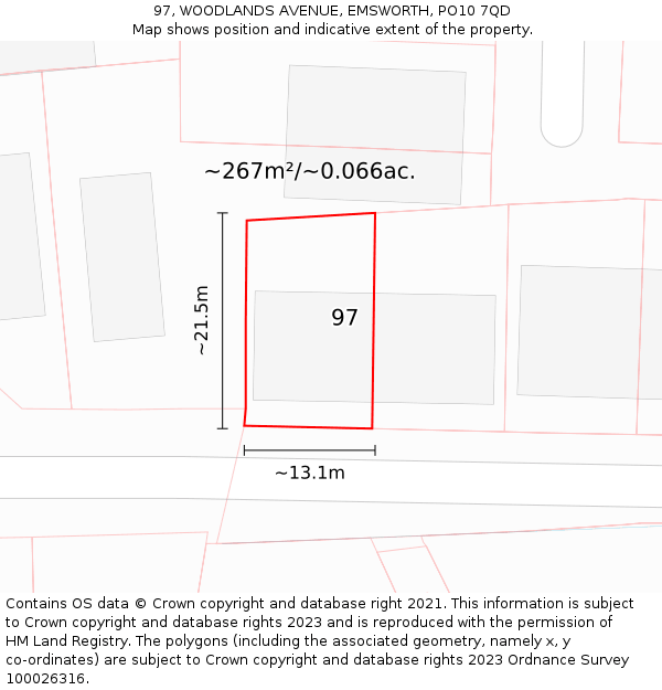 97, WOODLANDS AVENUE, EMSWORTH, PO10 7QD: Plot and title map