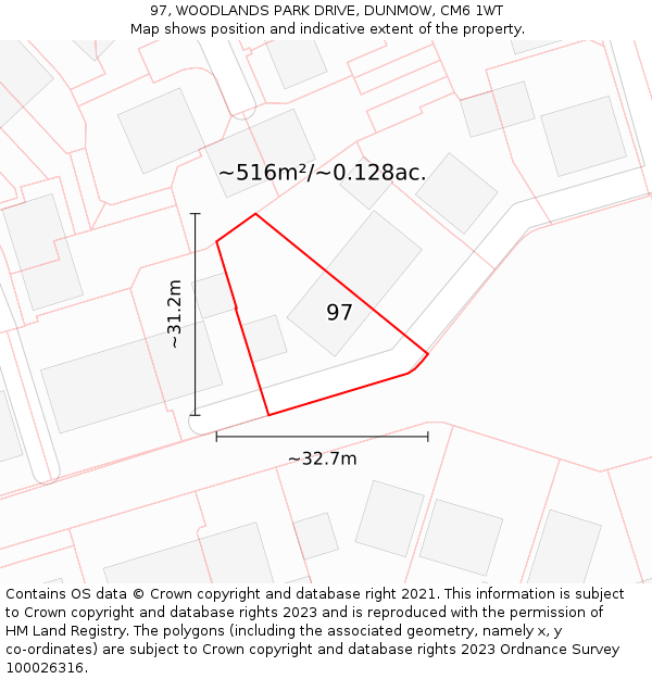 97, WOODLANDS PARK DRIVE, DUNMOW, CM6 1WT: Plot and title map