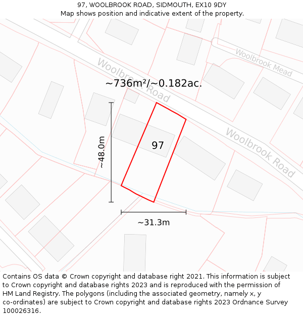 97, WOOLBROOK ROAD, SIDMOUTH, EX10 9DY: Plot and title map