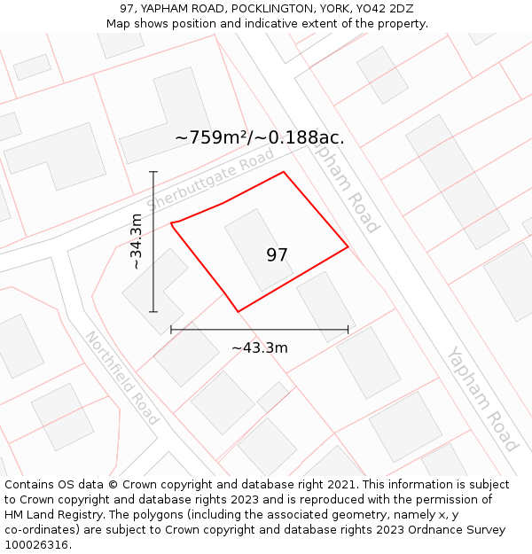 97, YAPHAM ROAD, POCKLINGTON, YORK, YO42 2DZ: Plot and title map