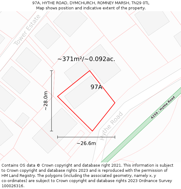 97A, HYTHE ROAD, DYMCHURCH, ROMNEY MARSH, TN29 0TL: Plot and title map