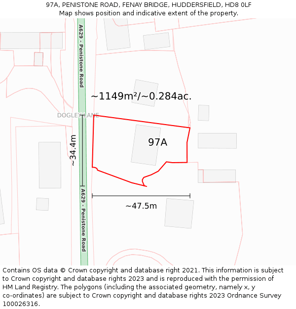 97A, PENISTONE ROAD, FENAY BRIDGE, HUDDERSFIELD, HD8 0LF: Plot and title map