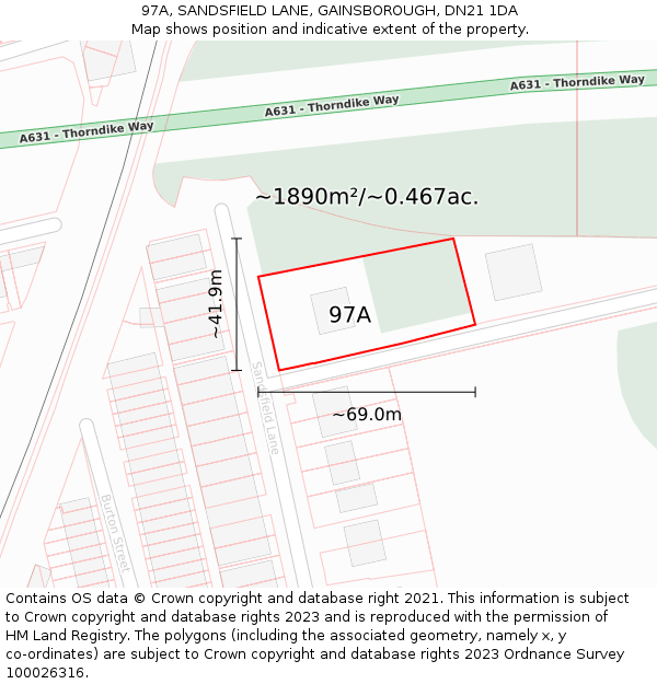 97A, SANDSFIELD LANE, GAINSBOROUGH, DN21 1DA: Plot and title map