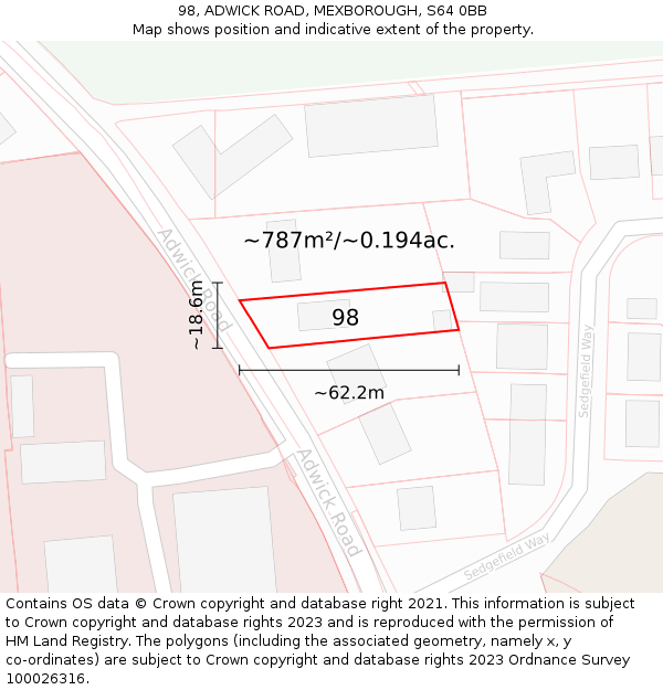 98, ADWICK ROAD, MEXBOROUGH, S64 0BB: Plot and title map