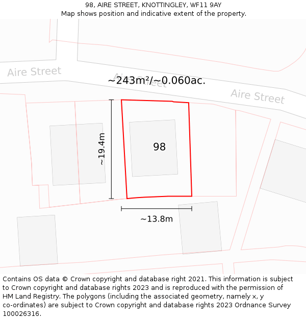 98, AIRE STREET, KNOTTINGLEY, WF11 9AY: Plot and title map